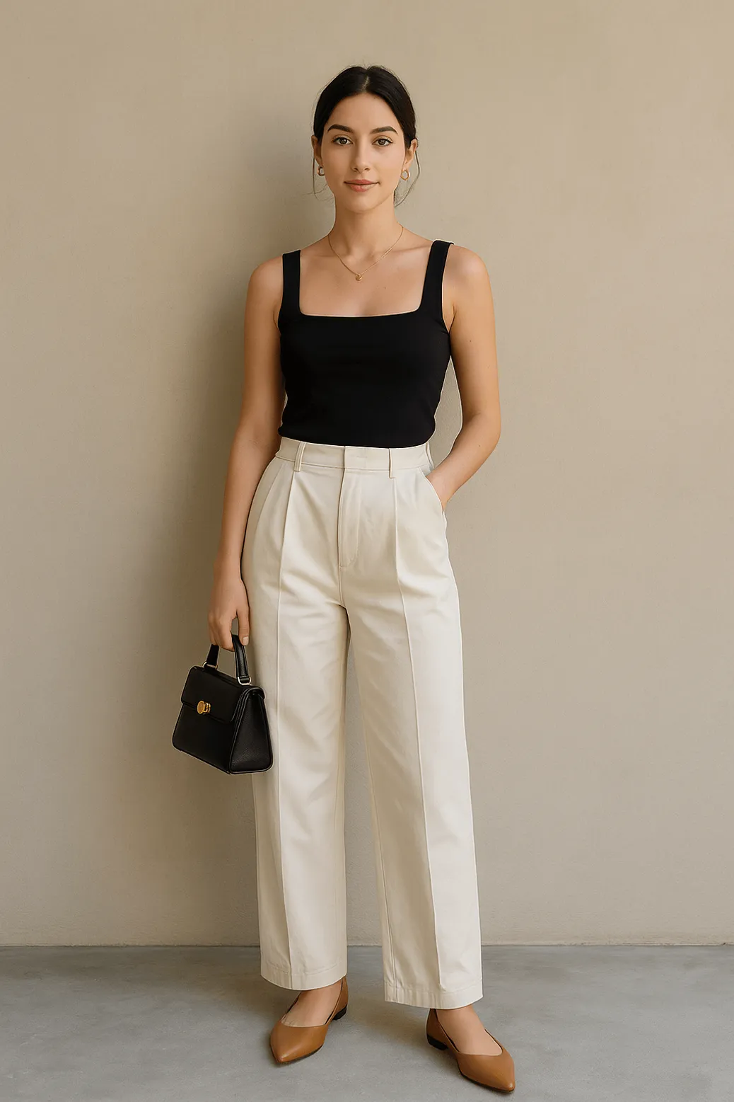 woman wearing classic black tank top with white trousers and tan flats
