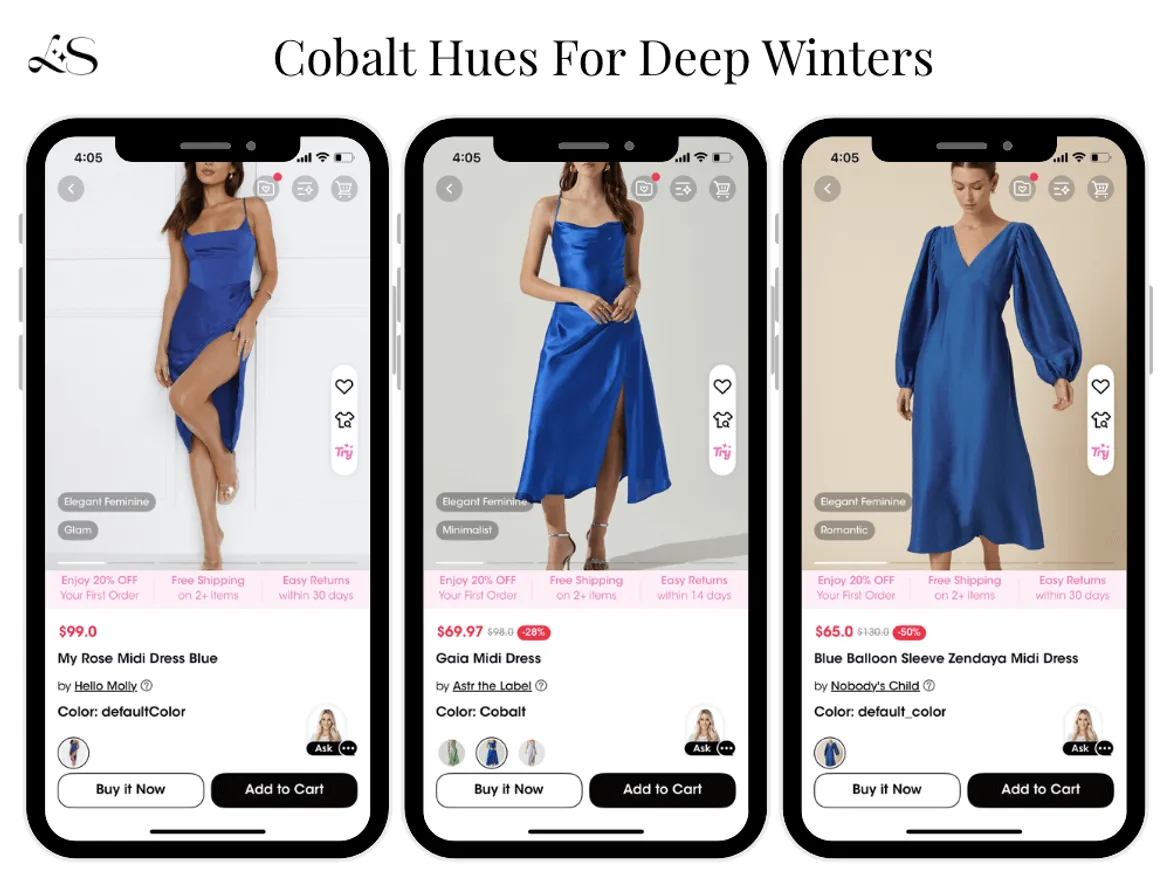 Cobalt blue dresses for Deep Winter season