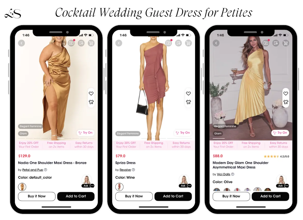 Cocktail wedding guest dresses for petite women in metallic and bold tones