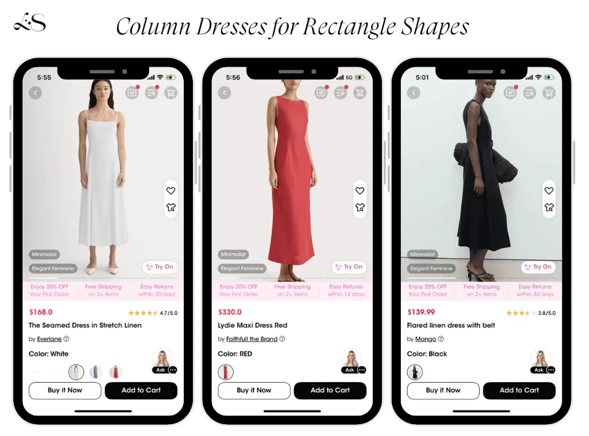 Minimalist column dresses styled for rectangle-shaped bodies