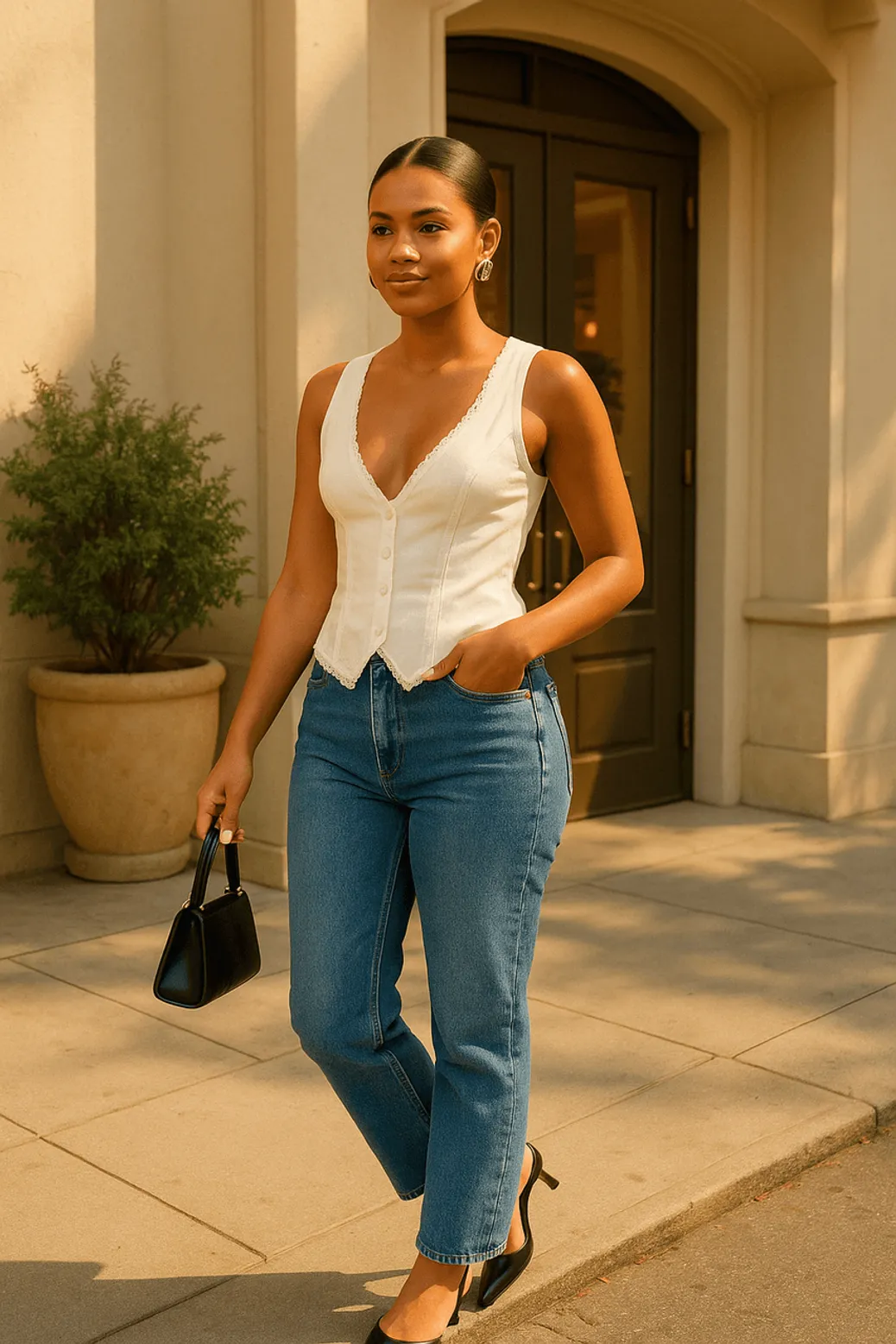 Corset top and jeans street fashion