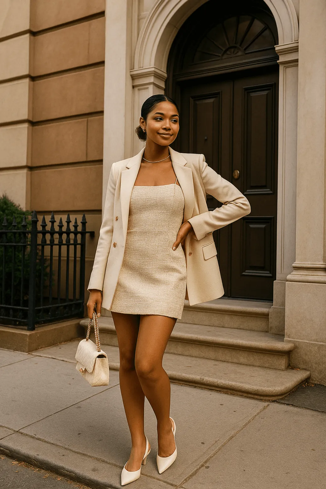 Woman wearing a matching cream blazer and tweed mini dress