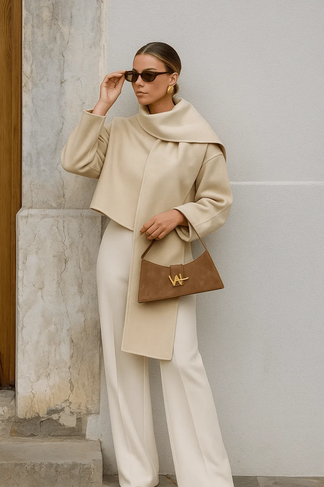 A sculpted cream jacket paired with wide-leg trousers and a suede top-handle bag creates a clean, modern minimalist look with warm neutral tones.