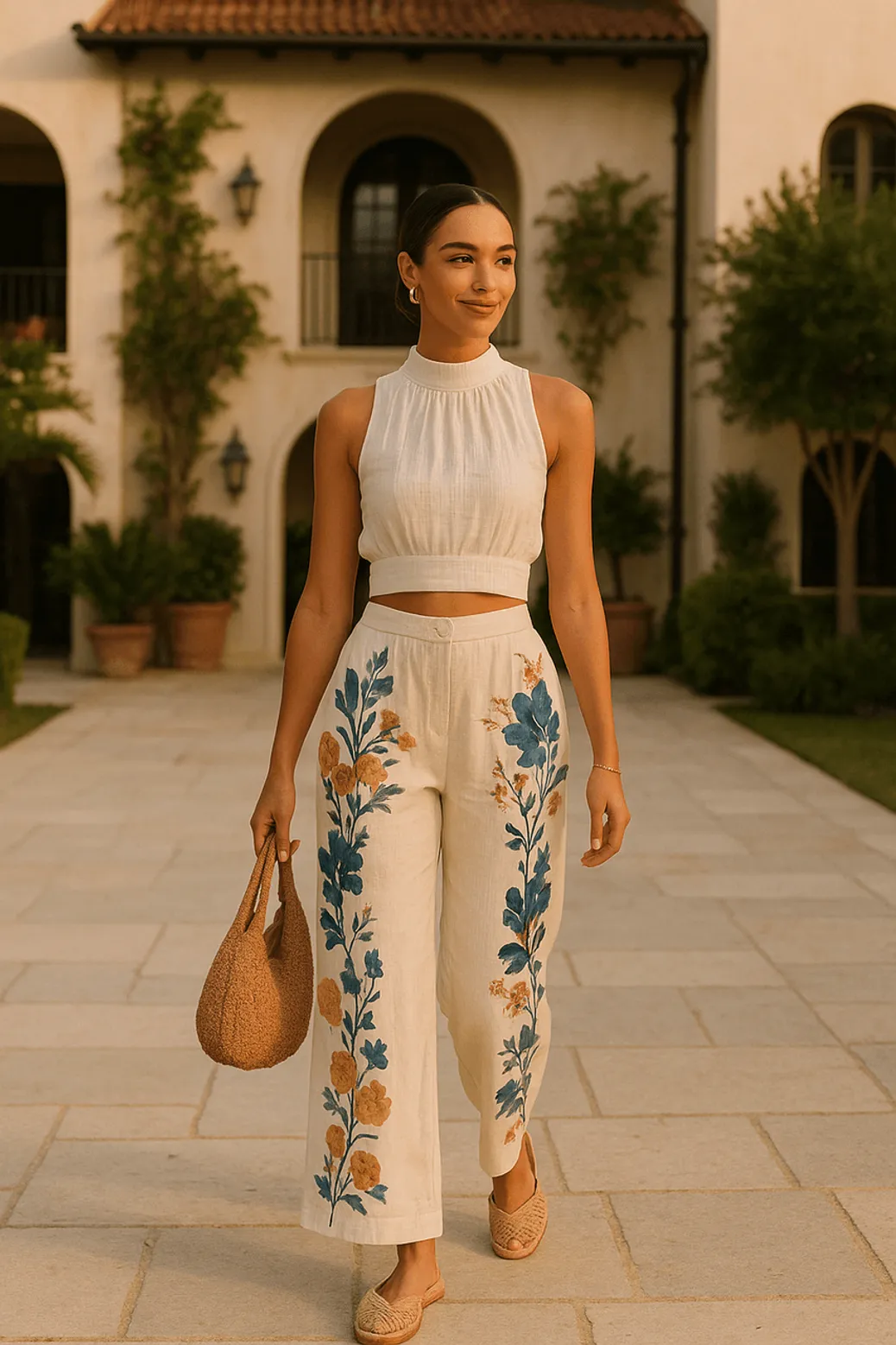 Woman in cropped halter top and floral palazzo pants