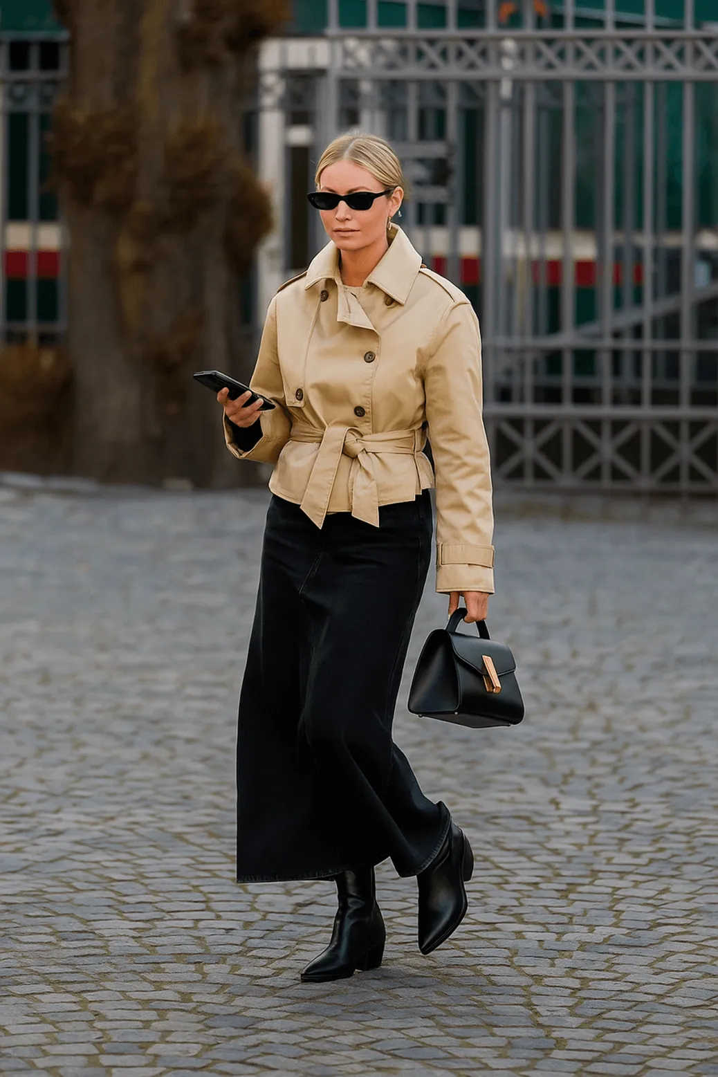 Minimalist Winter 2025 outfit with a cropped beige trench jacket, black wide-leg pants, black boots, and a structured handbag in a modern street-style setting.