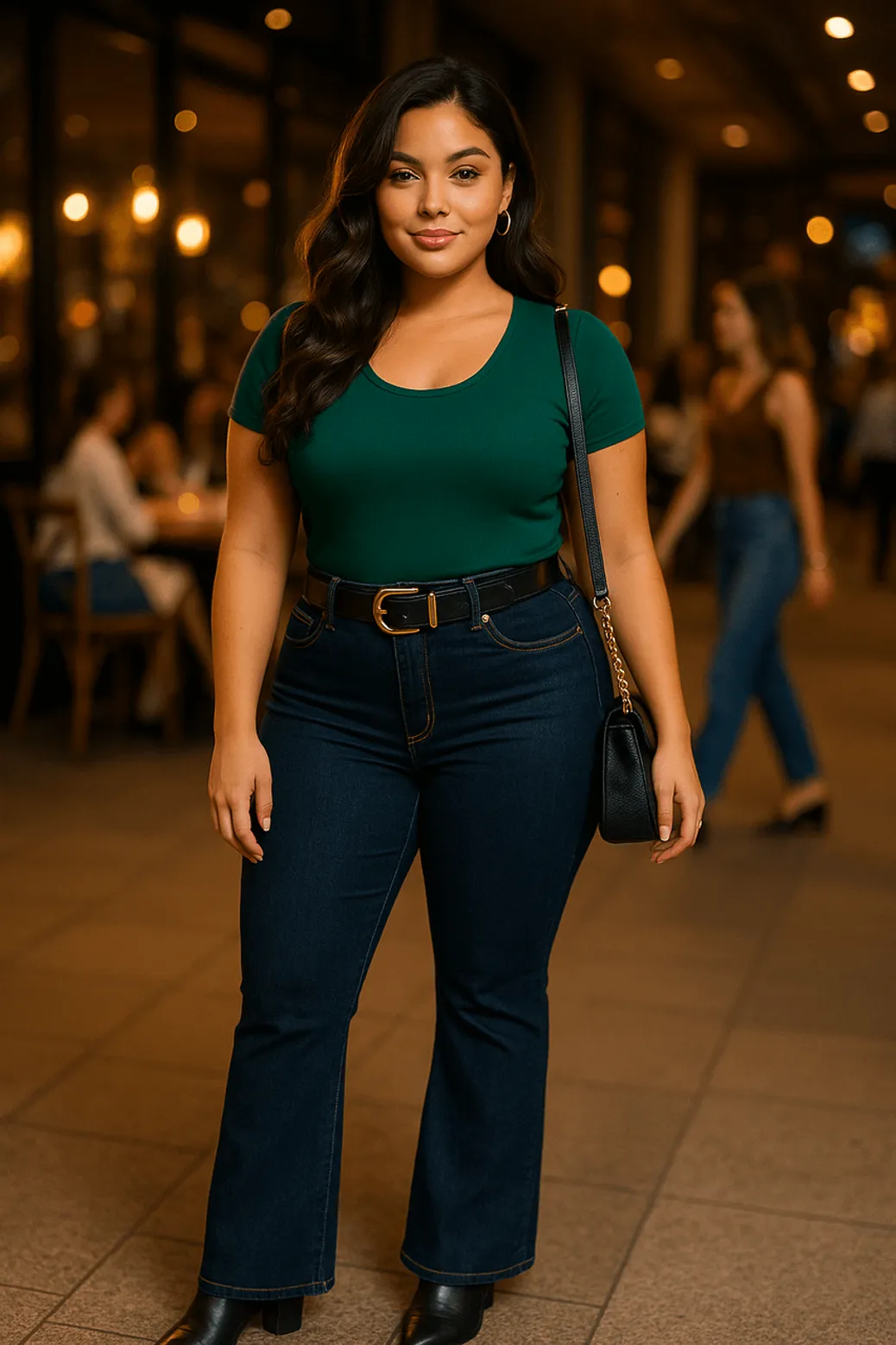 Plus size woman wearing dark wash bootcut jeans with green top