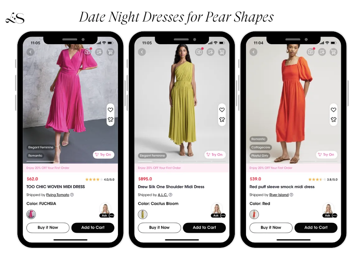 Date night dresses for pear shapes in fuchsia, yellow, and red