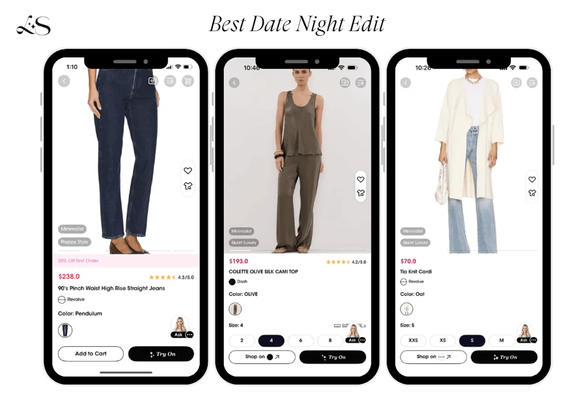 Olive silk cami, oat cardigan, and straight jeans styled for date night