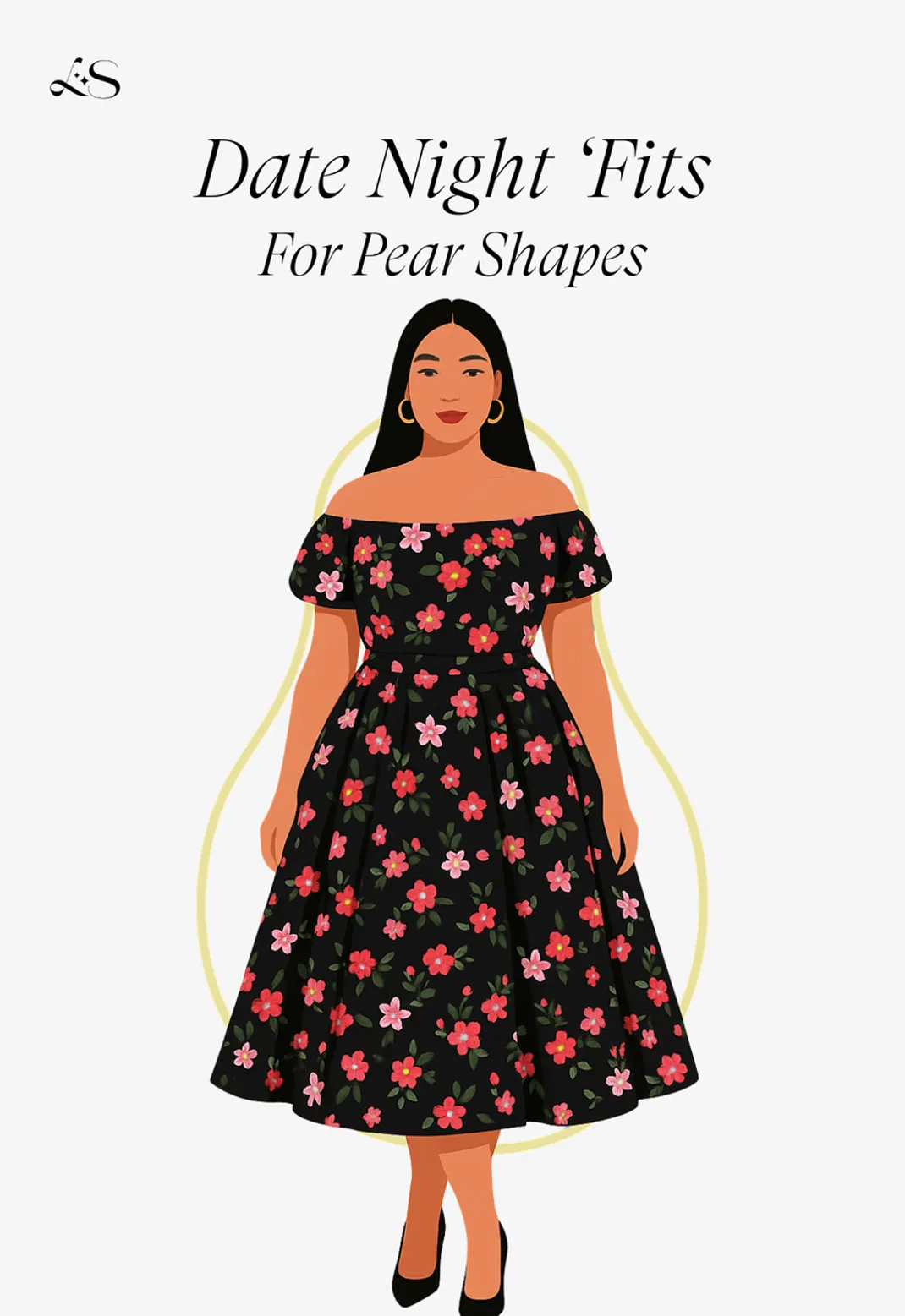Illustration of a pear-shaped woman in a floral off-shoulder dress