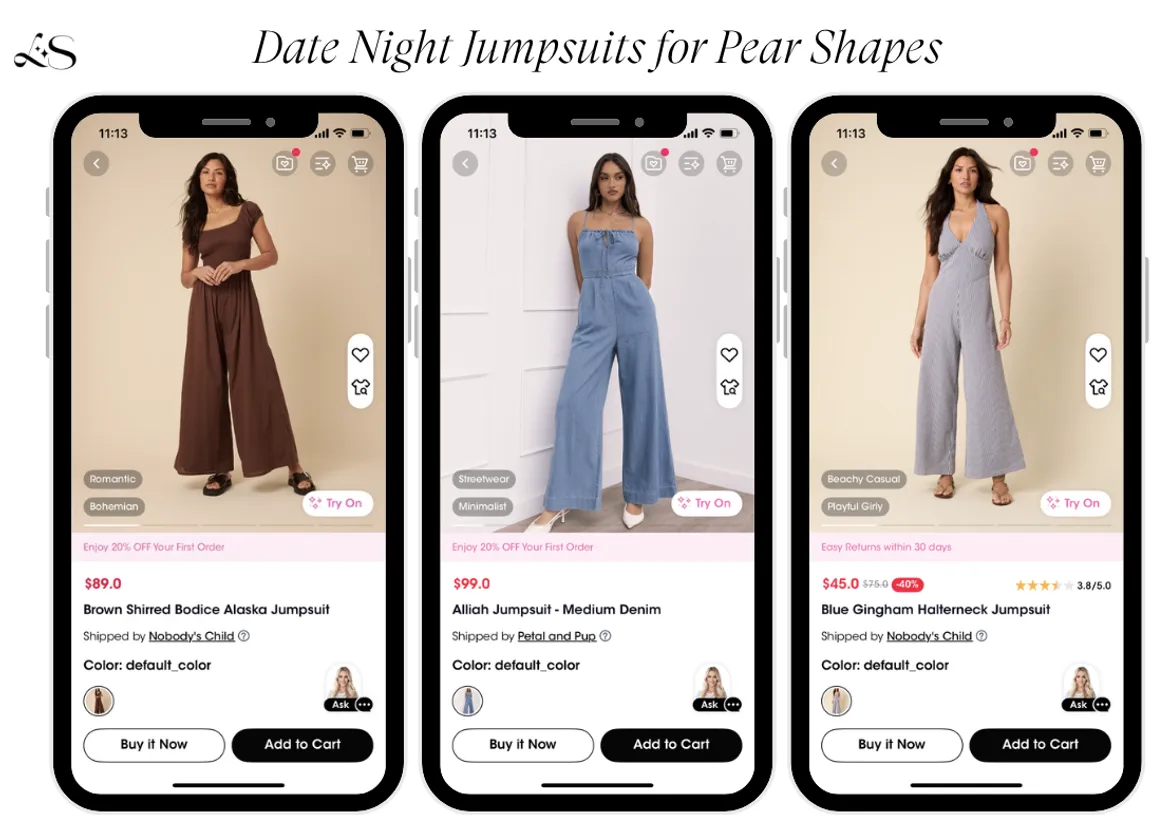 Jumpsuits for pear shapes in brown, denim, and striped designs