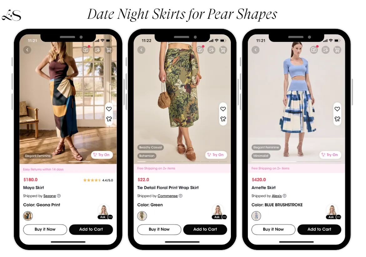 Skirts for pear shapes including floral prints and color blocks