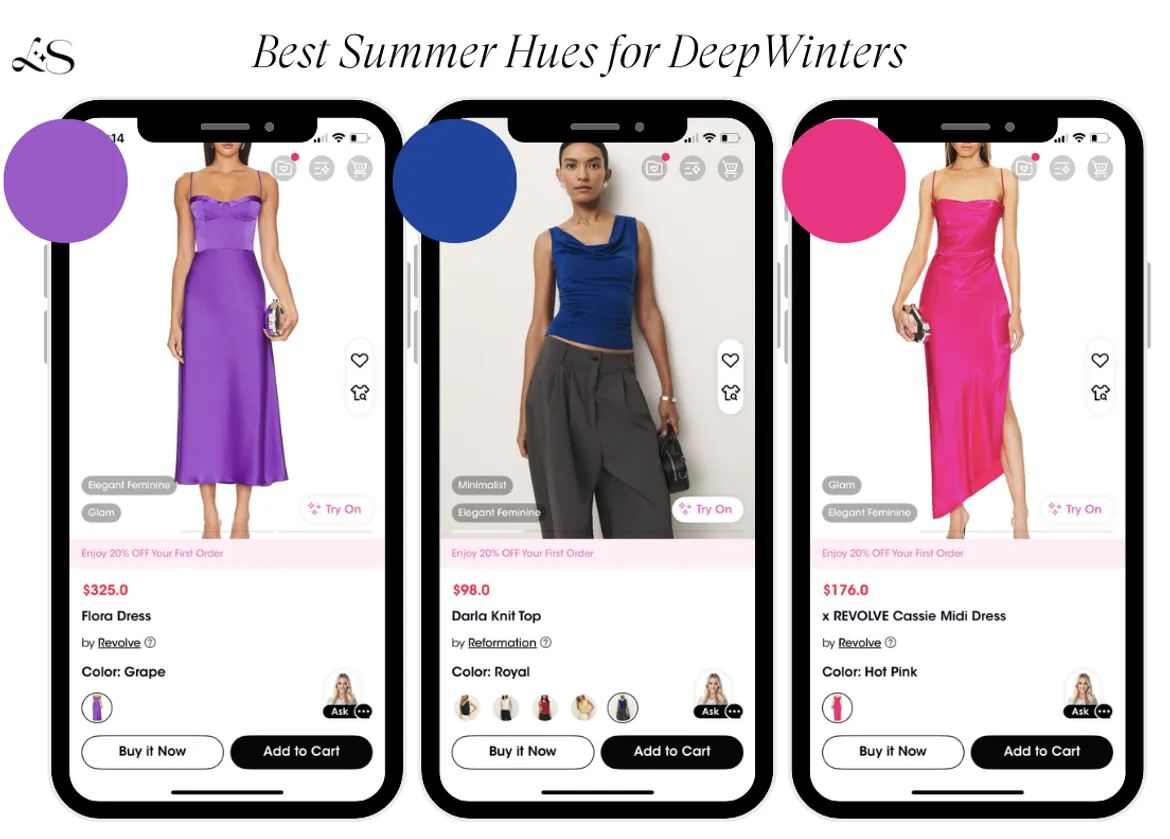 Deep Winter color palette with bold outfits in grape purple, royal blue, and hot pink