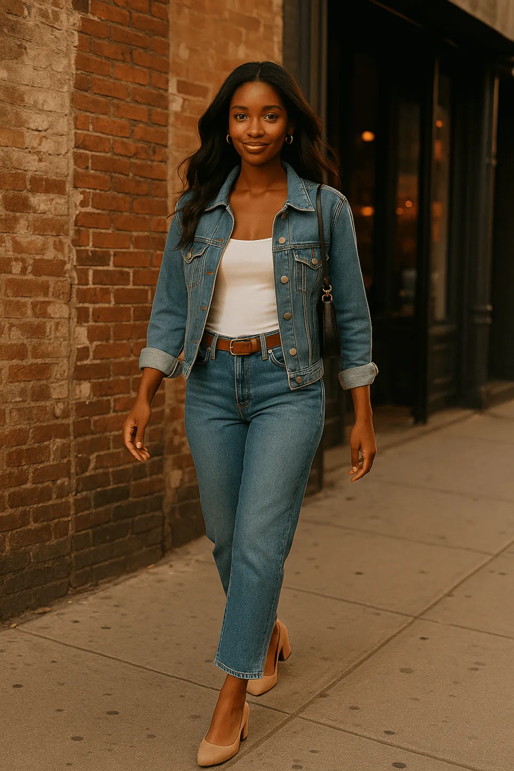 Denim jacket and jeans on woman with white tank