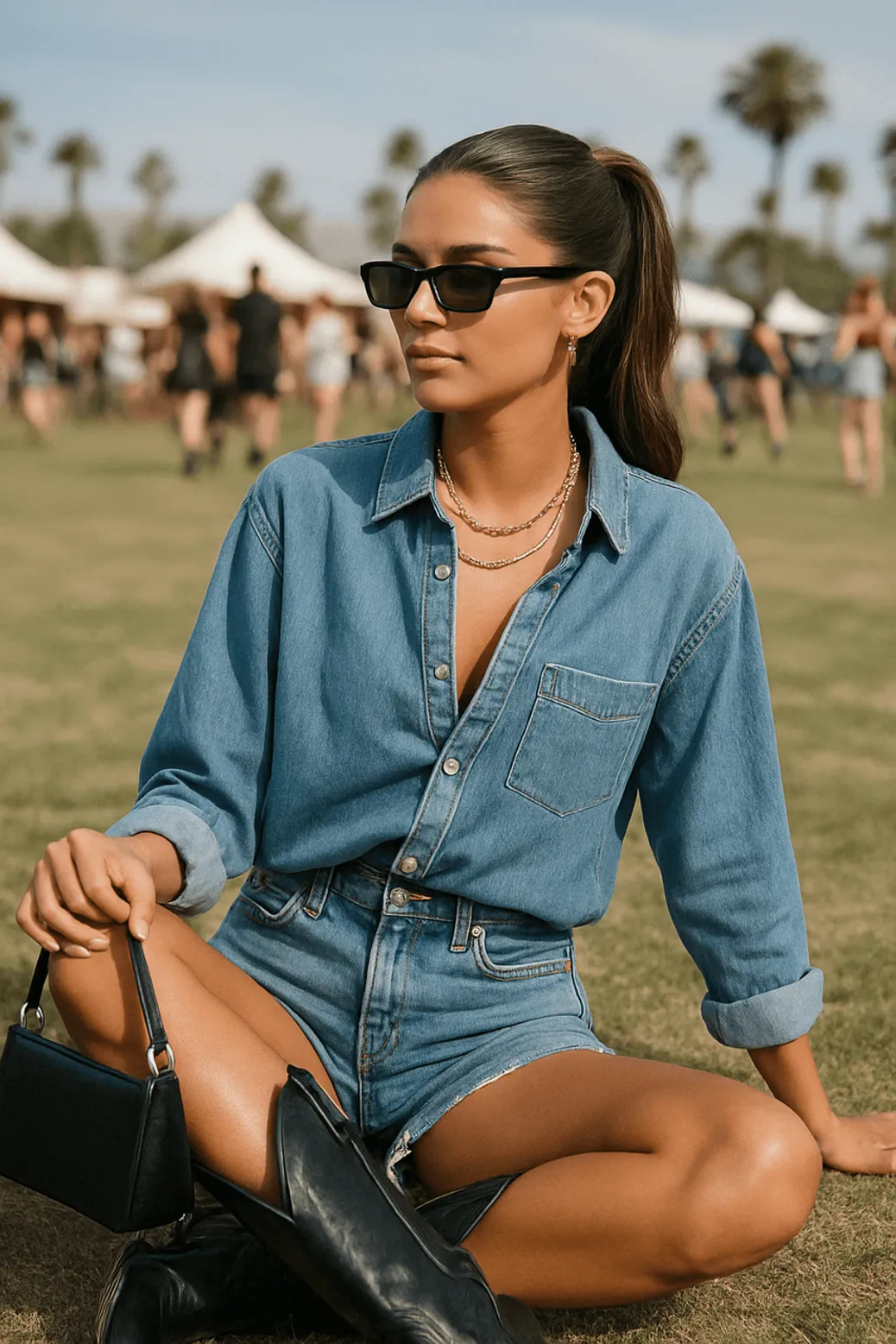 Woman in denim shirt and shorts at music festival