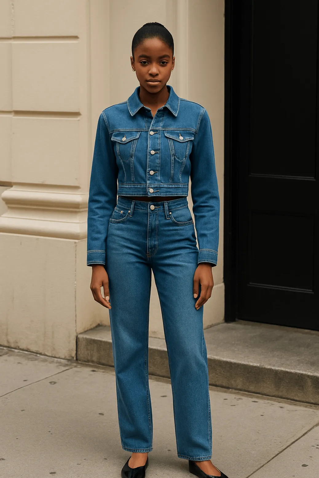 Blue cropped denim jacket and high-waisted jeans matching set
