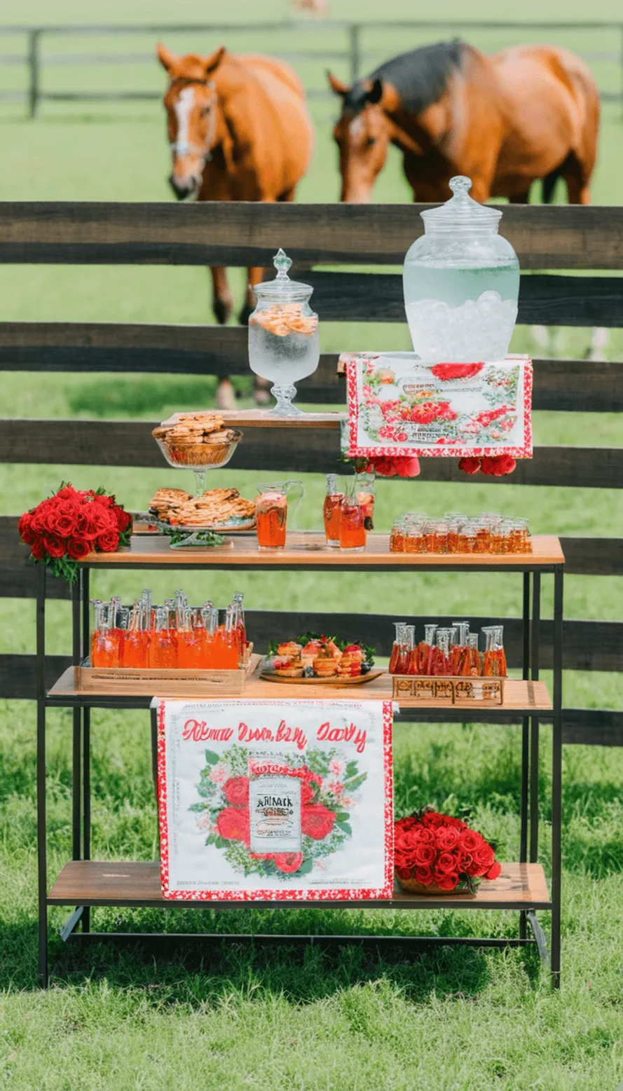 Equestrian themed refreshment bar with horses in the background