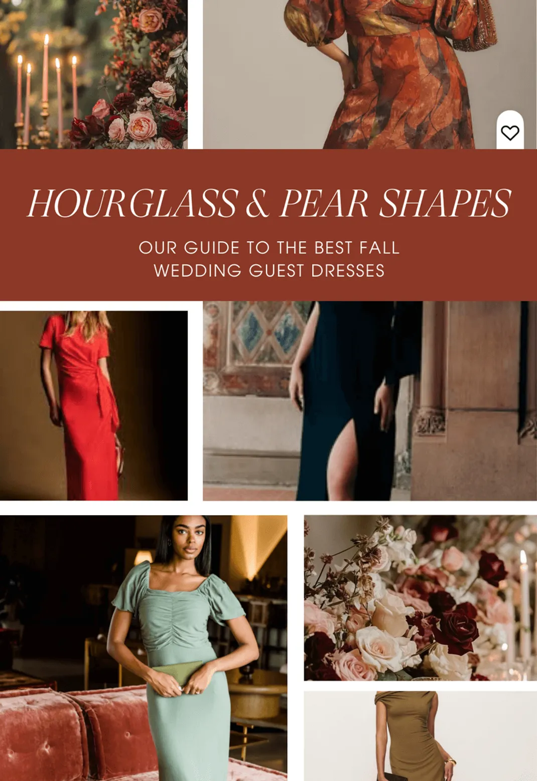 Collage of wedding guest dresses for hourglass and pear shapes