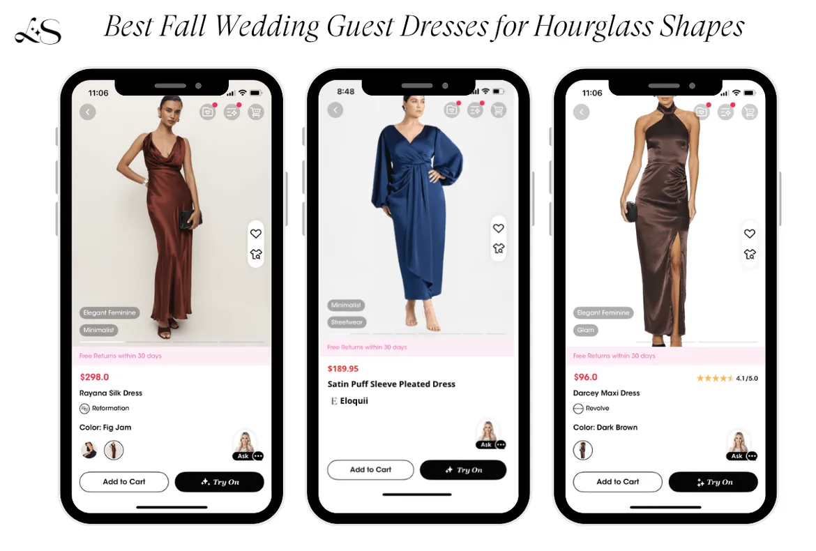 Fall wedding guest dresses for hourglass shapes on mobile app interface
