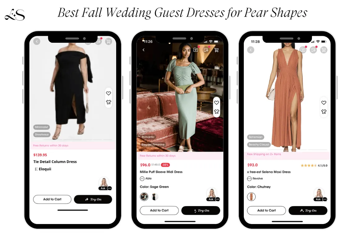 Fall wedding guest dresses for pear shapes shown on virtual try-on models