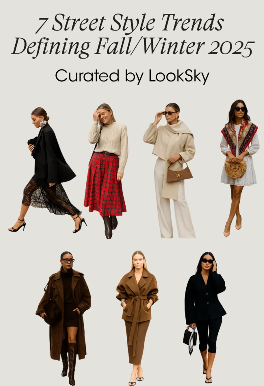 Collage of seven Fall/Winter 2025 street style looks curated by LookSky, featuring coats, knits, tailoring, and standout seasonal trends.
