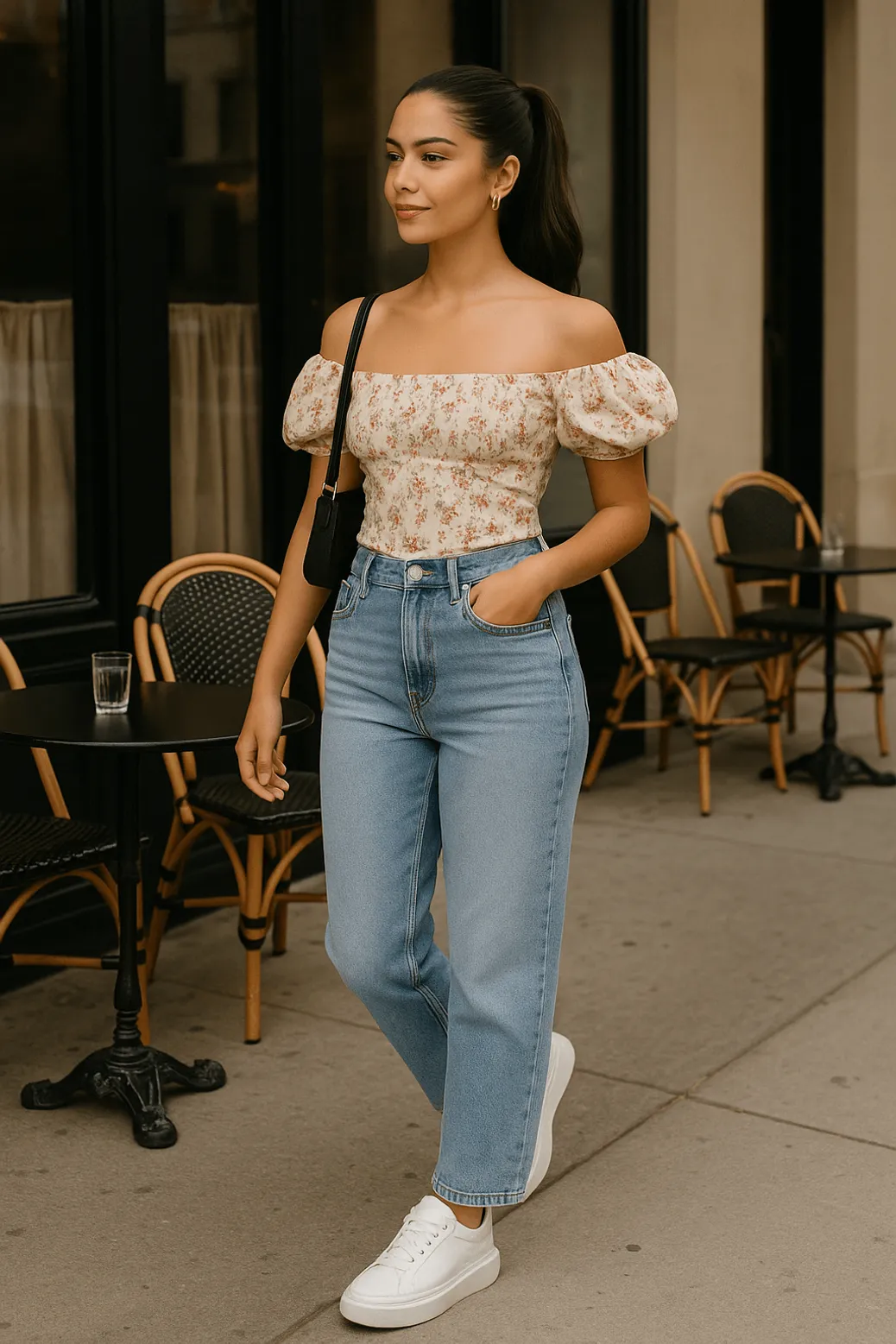Woman wearing floral off-shoulder top and light wash jeans