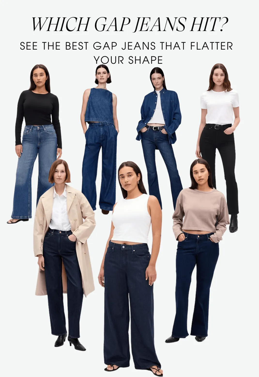 Collage showing different Gap jeans styles for various body types