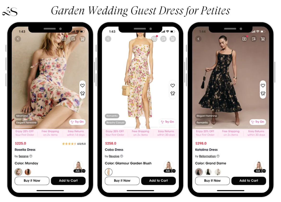 Romantic garden wedding guest dresses for petite women with floral prints