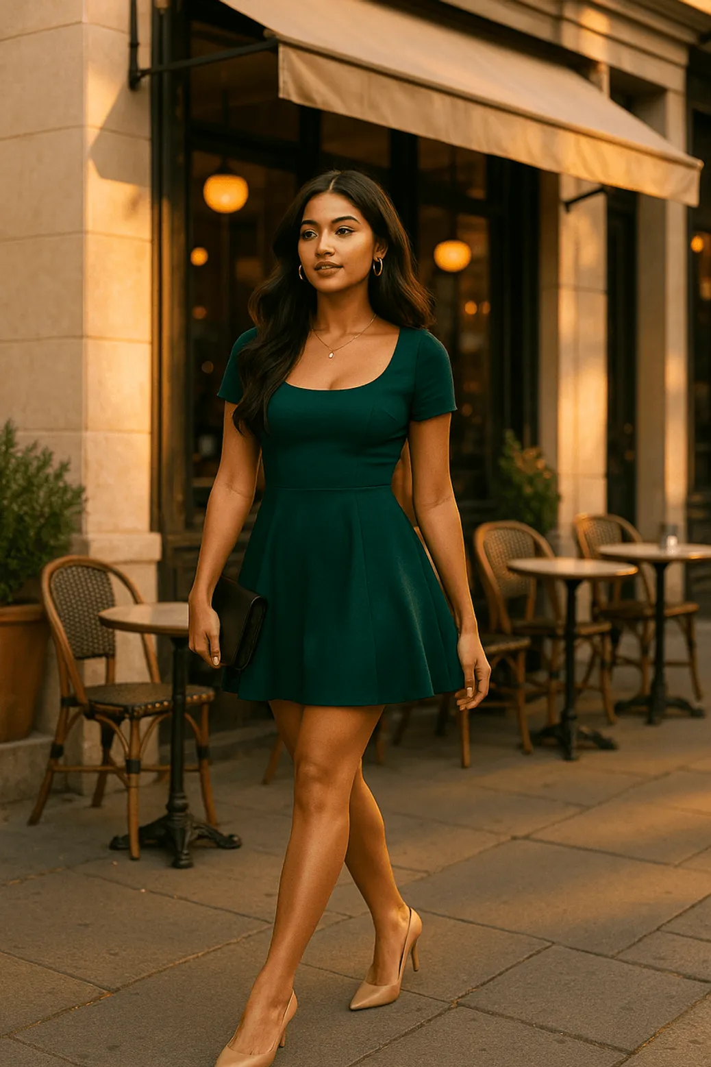 Woman in green fit-and-flare mini dress and nude heels