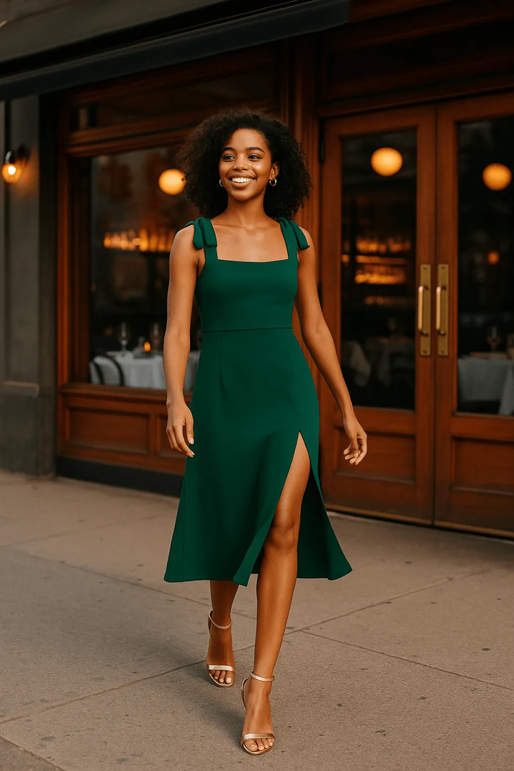 Elegant woman in green midi dress with shoulder ties