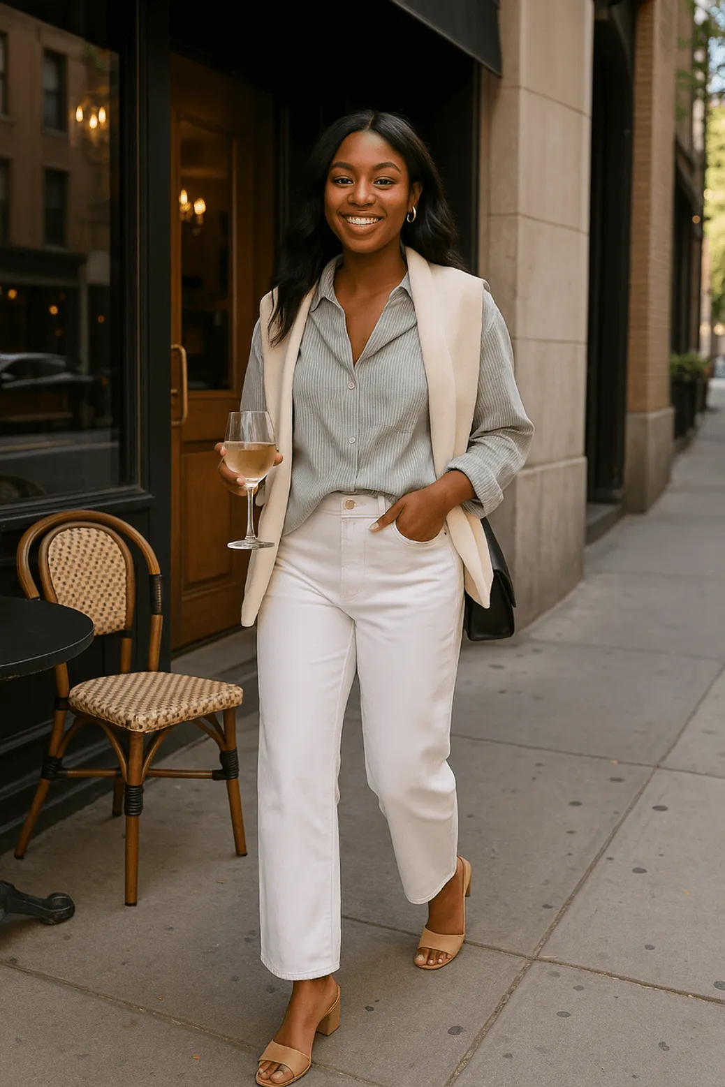 Woman in green striped shirt and white jeans holding a glass of wine