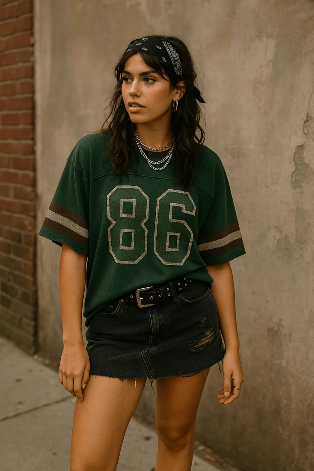 Grunge aesthetic outfit with green graphic tee and black mini skirt