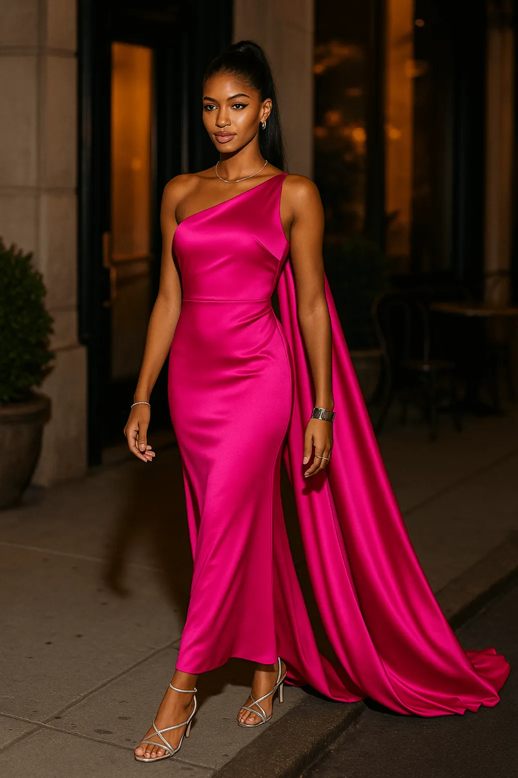 Hot pink one-shoulder evening gown with dramatic cape