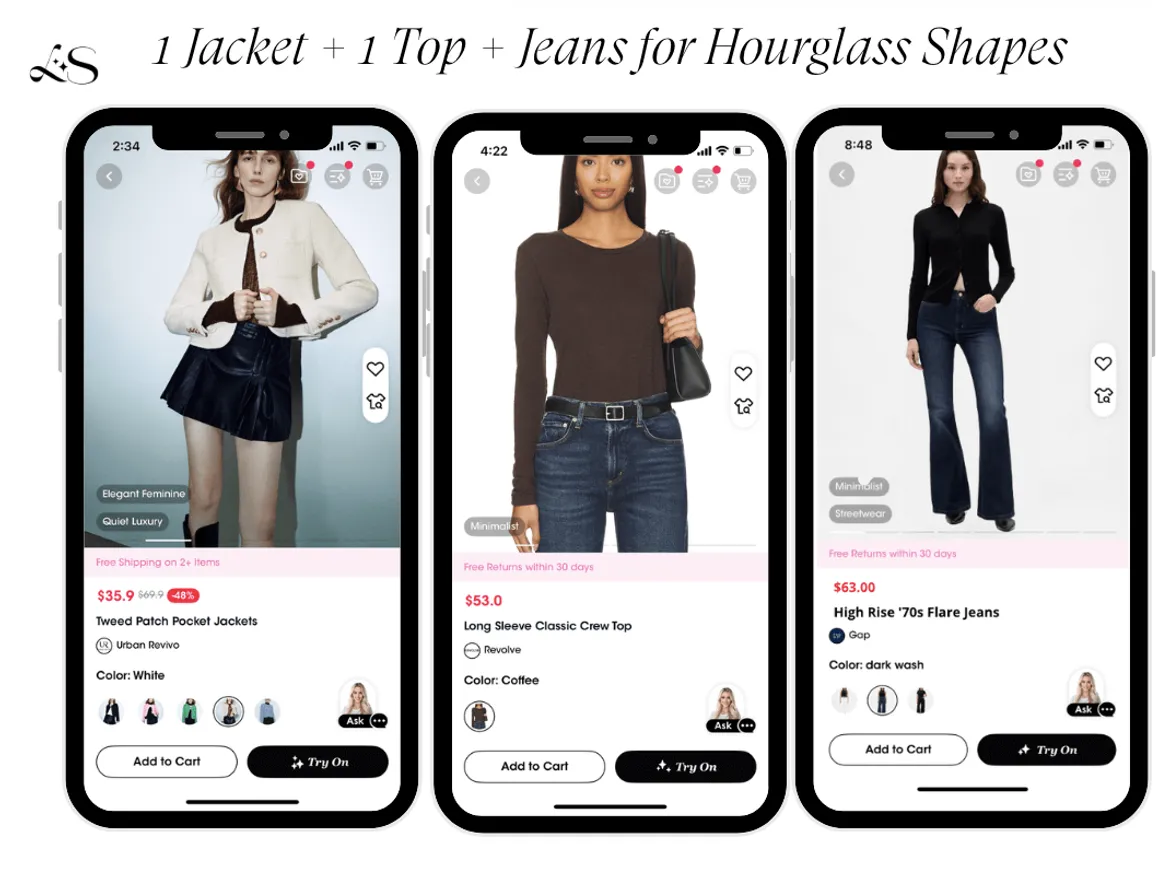 Fall outfit formula for hourglass shapes with tweed jacket, fitted top and flare jeans