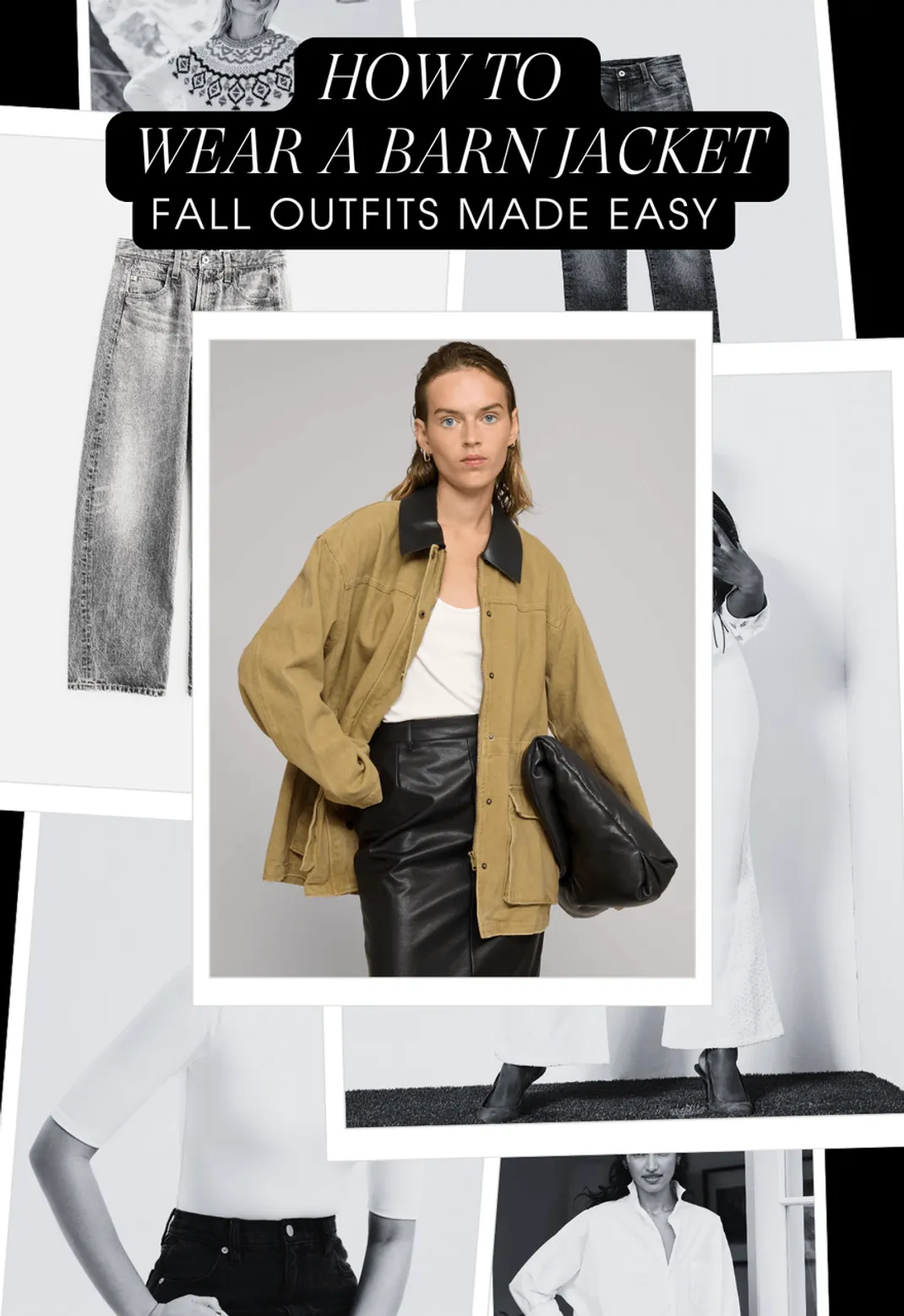 Model styling oversized barn jacket with leather skirt