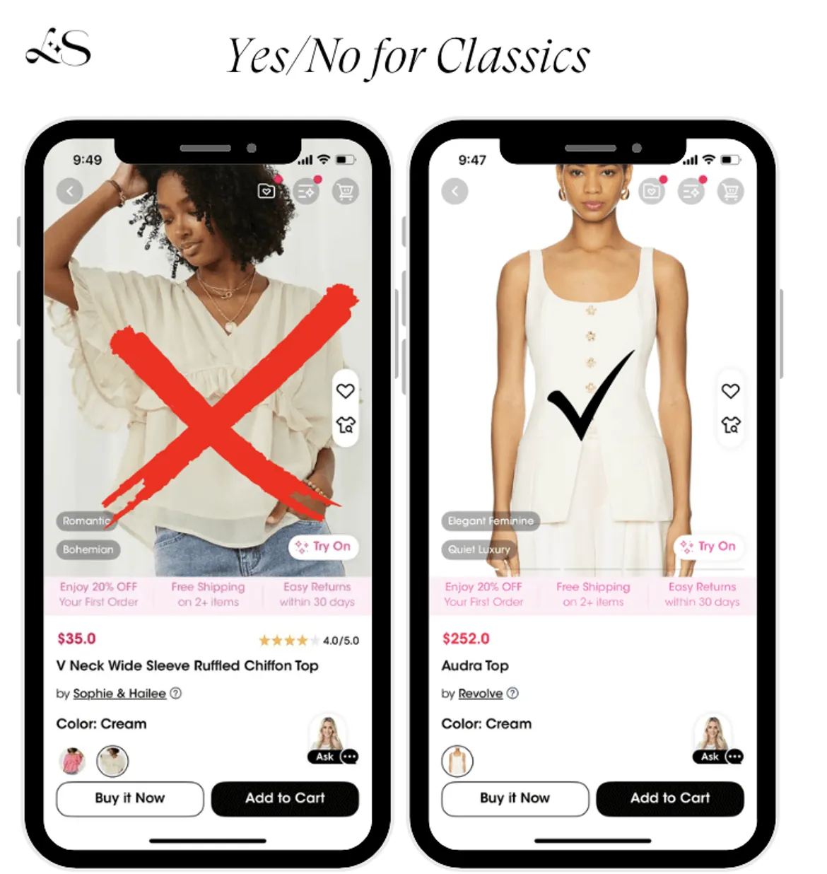 Outfit do and don't for Kibbe Classic type featuring tailored vest top and ruffled blouse