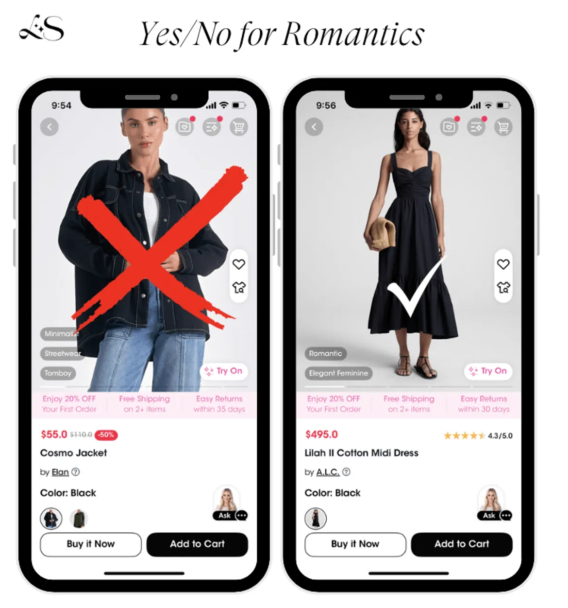 Outfit do and don't for Kibbe Romantic type featuring black midi dress and casual oversized jacket