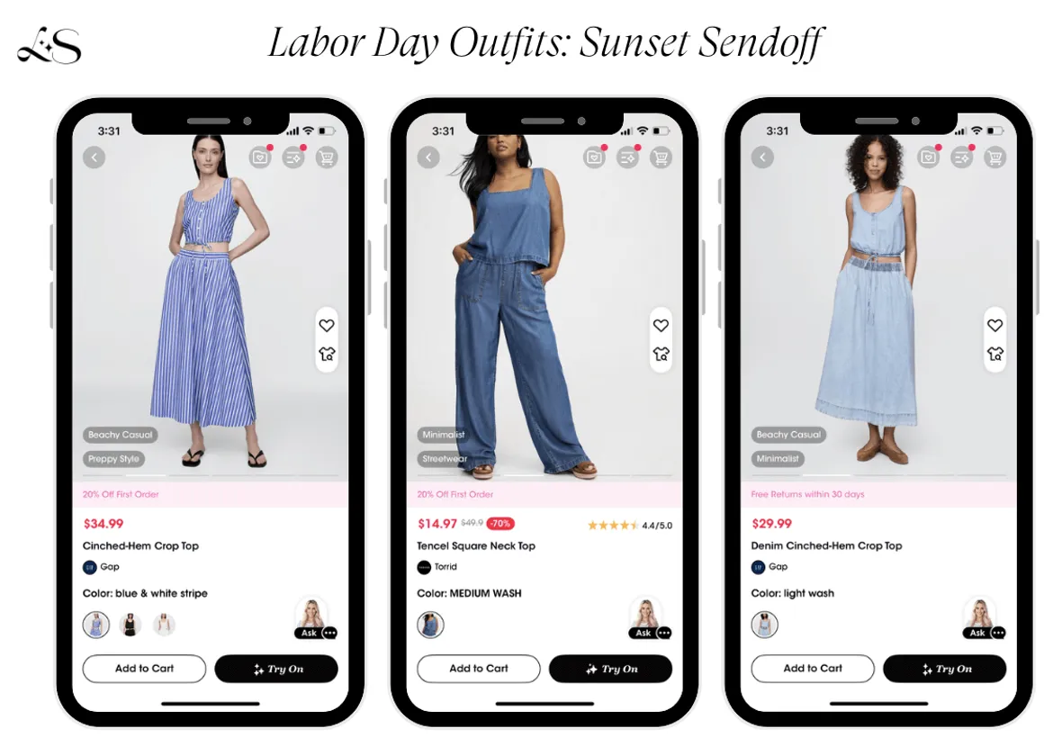 Labor Day sunset sendoff looks with blue striped dresses and denim sets