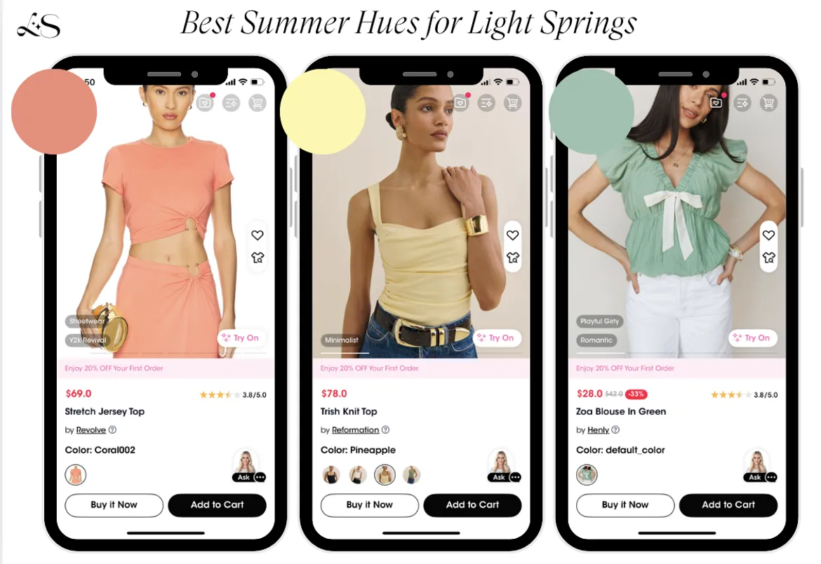 Best summer colors for Light Spring featuring coral, pineapple yellow, and soft green tops