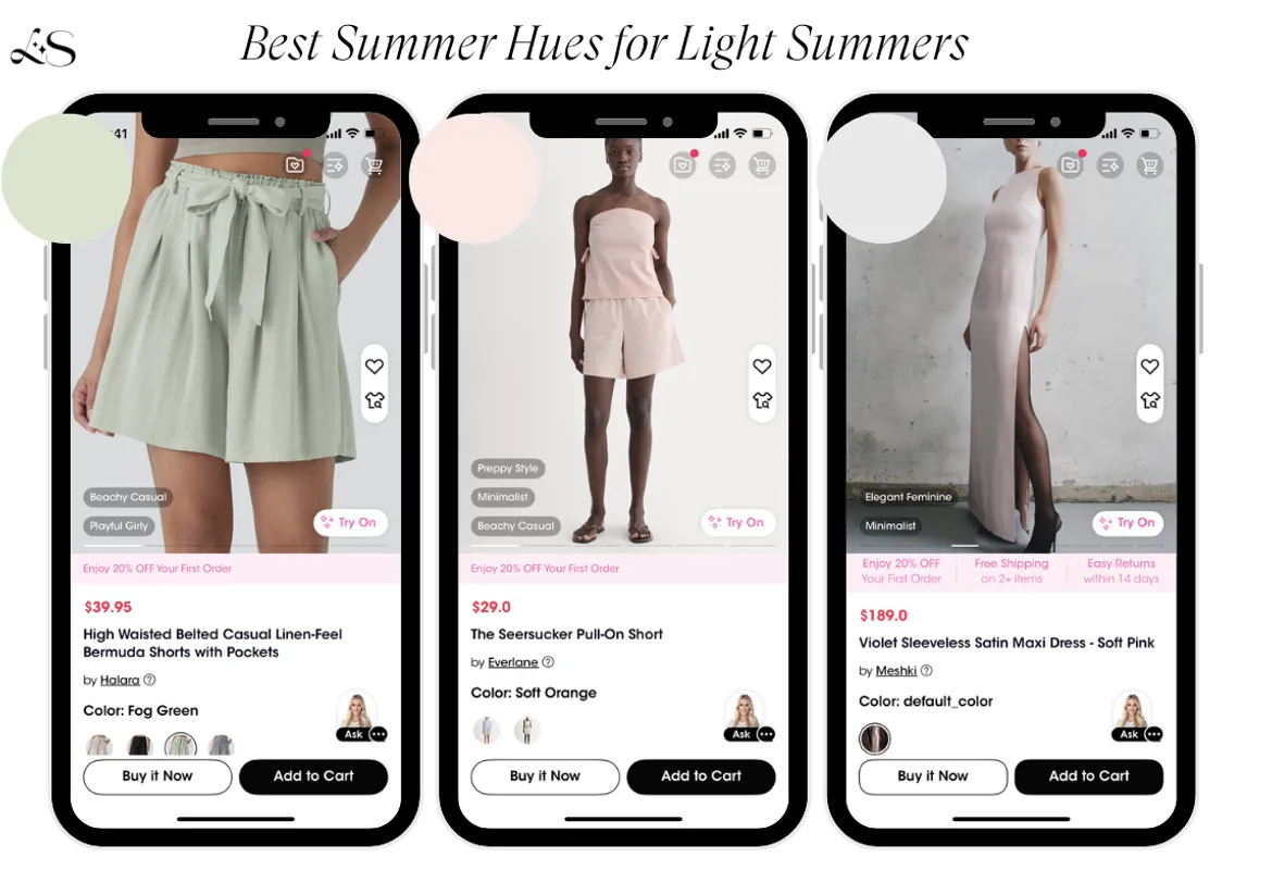 Light Summer color palette for summer outfits including soft green shorts and soft orange tones
