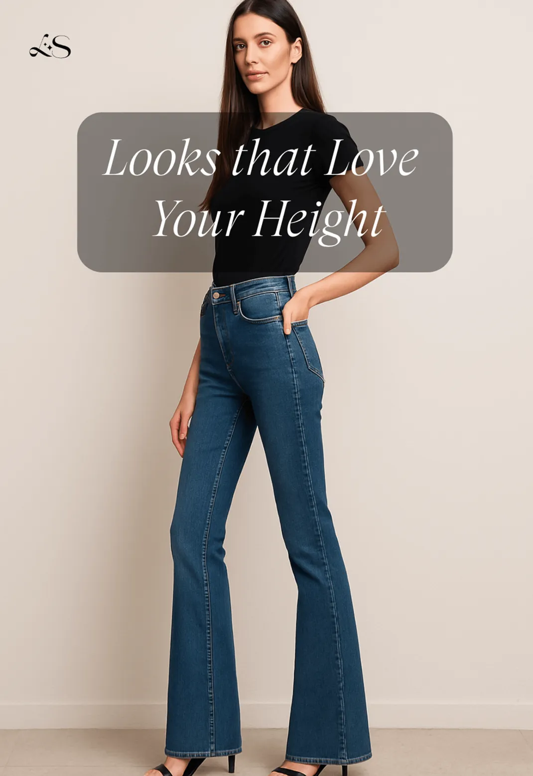 Woman in high-rise flared jeans and black top