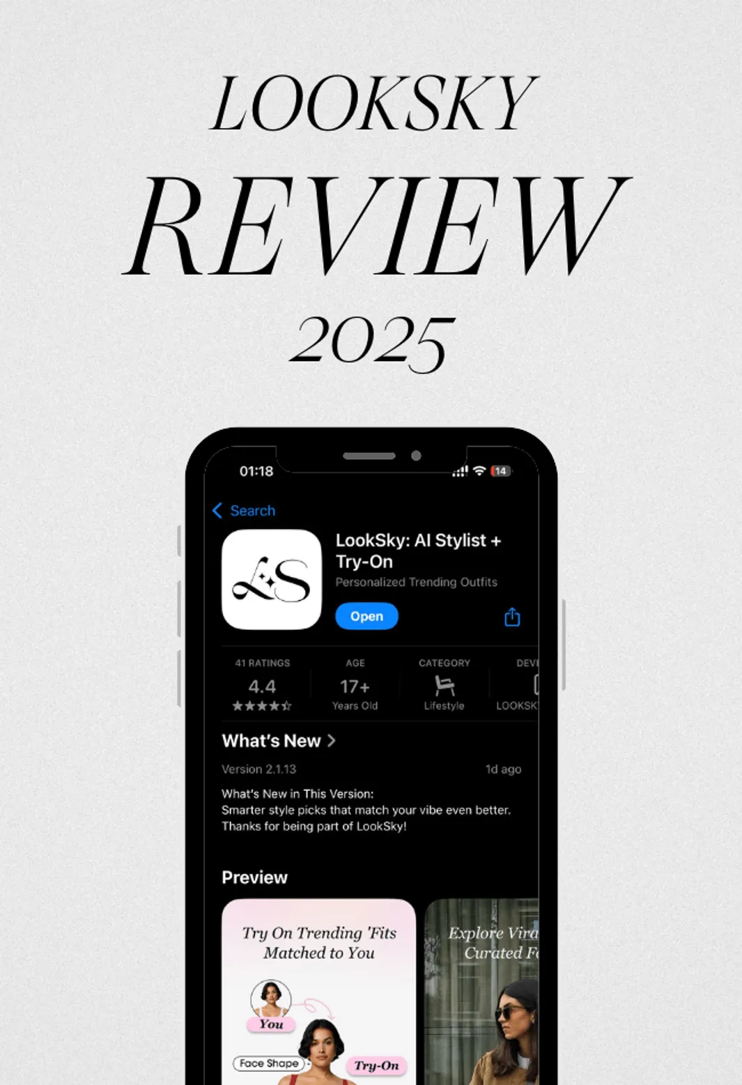 LookSky app review 2025 cover showing the iOS App Store page with the LookSky AI Stylist and Try-On interface.