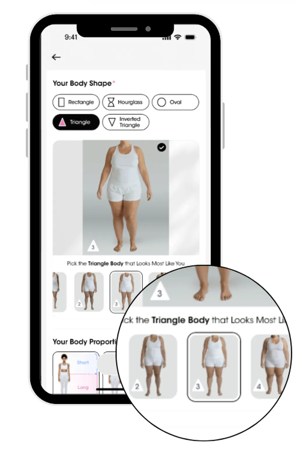 LookSky app interface selecting body shape for personalized virtual try-on experience