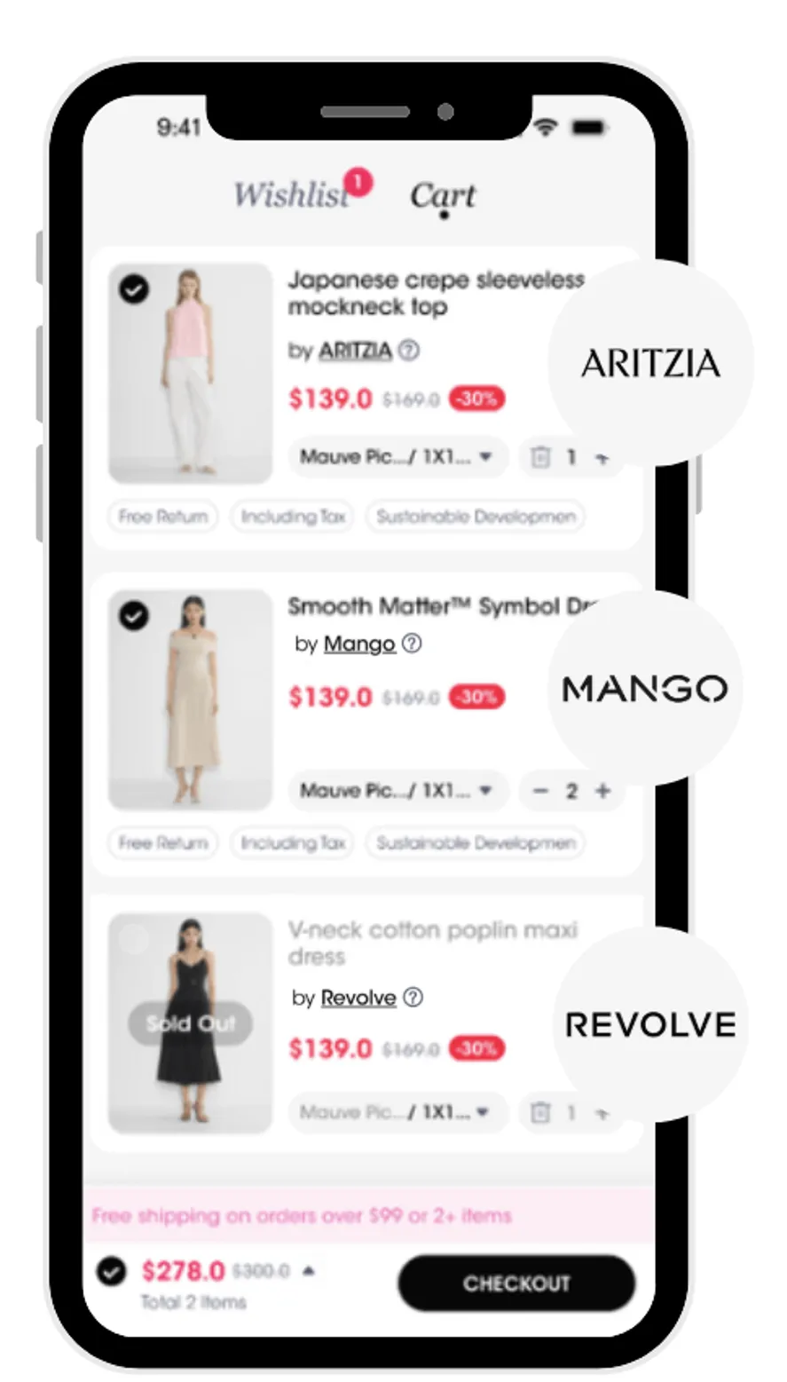 LookSky app wishlist and shopping cart view