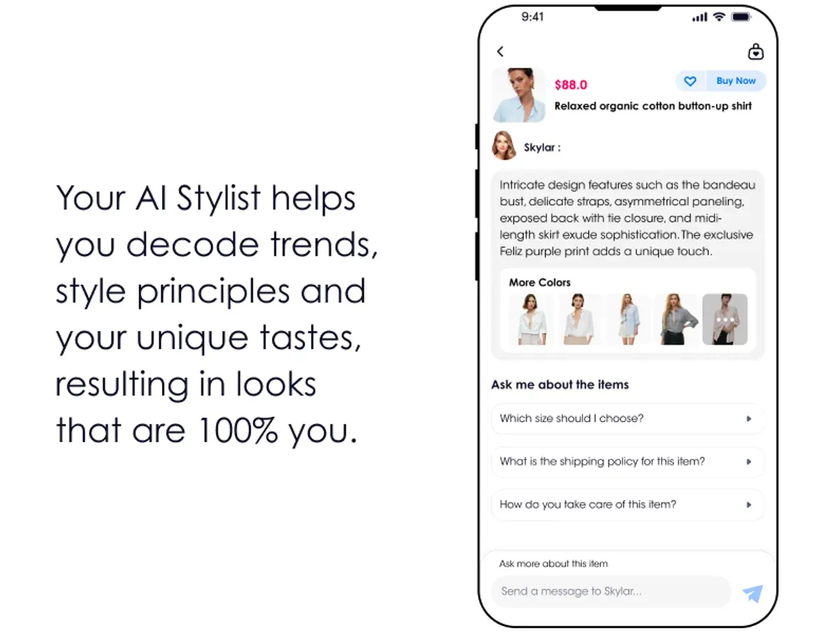 Your AI stylist from LookSky helps decode fashion trends, style principles, and your unique tastes, recommending personalized outfits with explanations and interactive Q&A options.