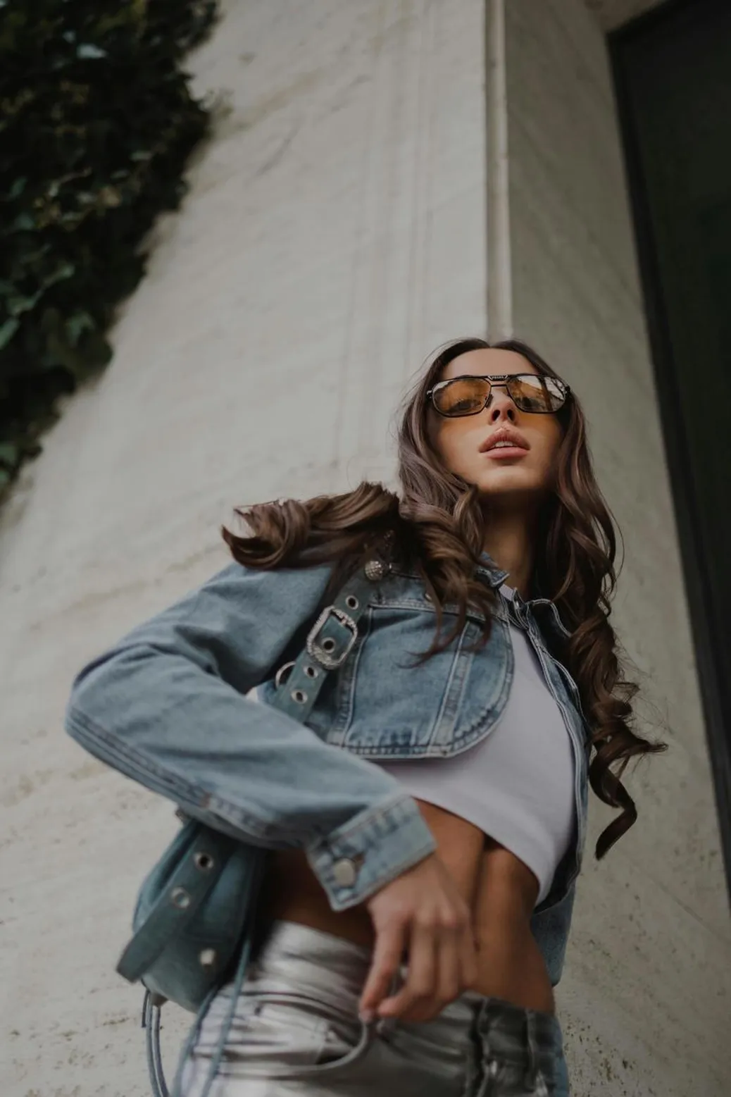 Cropped denim jacket styled with a maxi skirt for a romantic and chic fall look