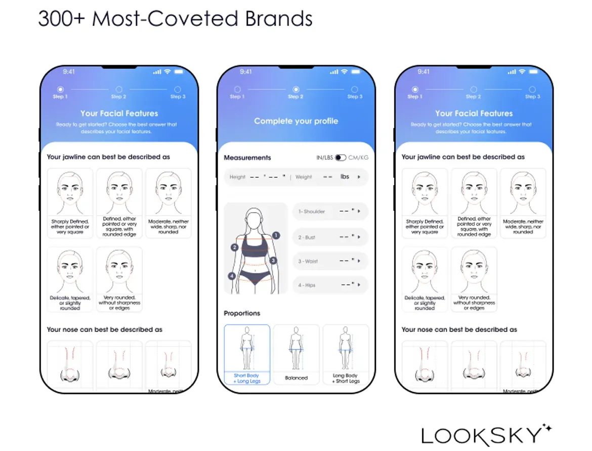 Interactive selection interface on LookSky where users choose facial features, body type, and preferences to receive personalized outfit recommendations from over 300 top fashion brands.