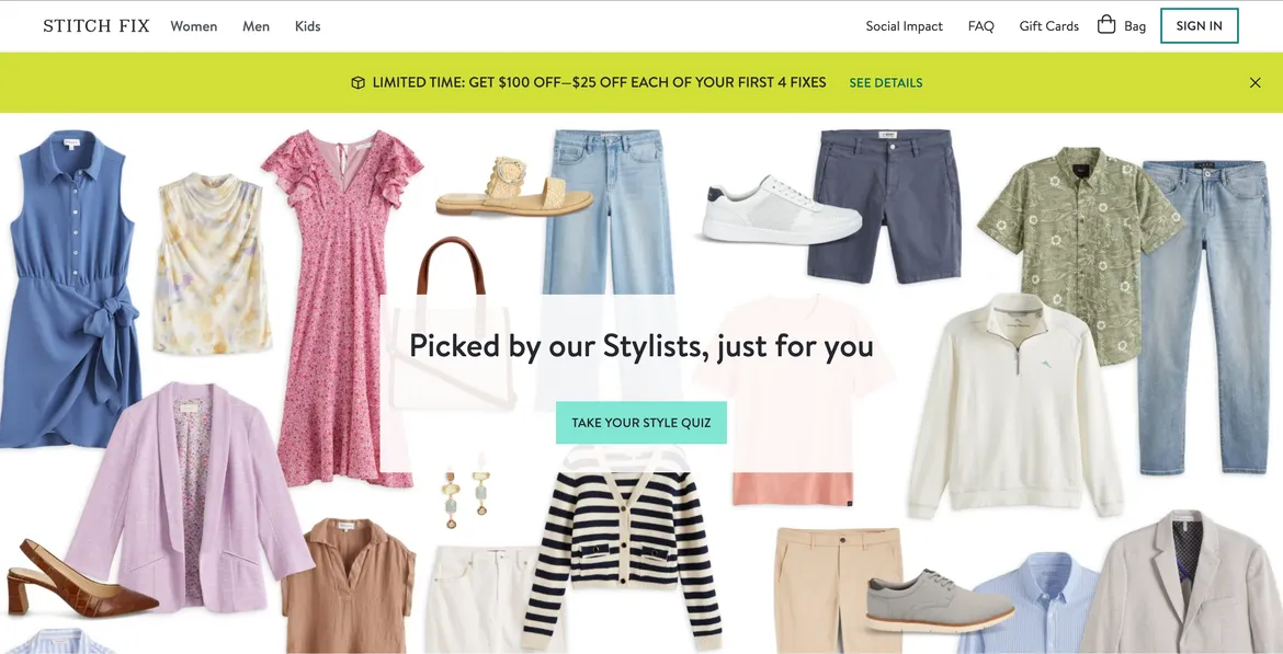 Stitch Fix homepage displaying curated fashion boxes