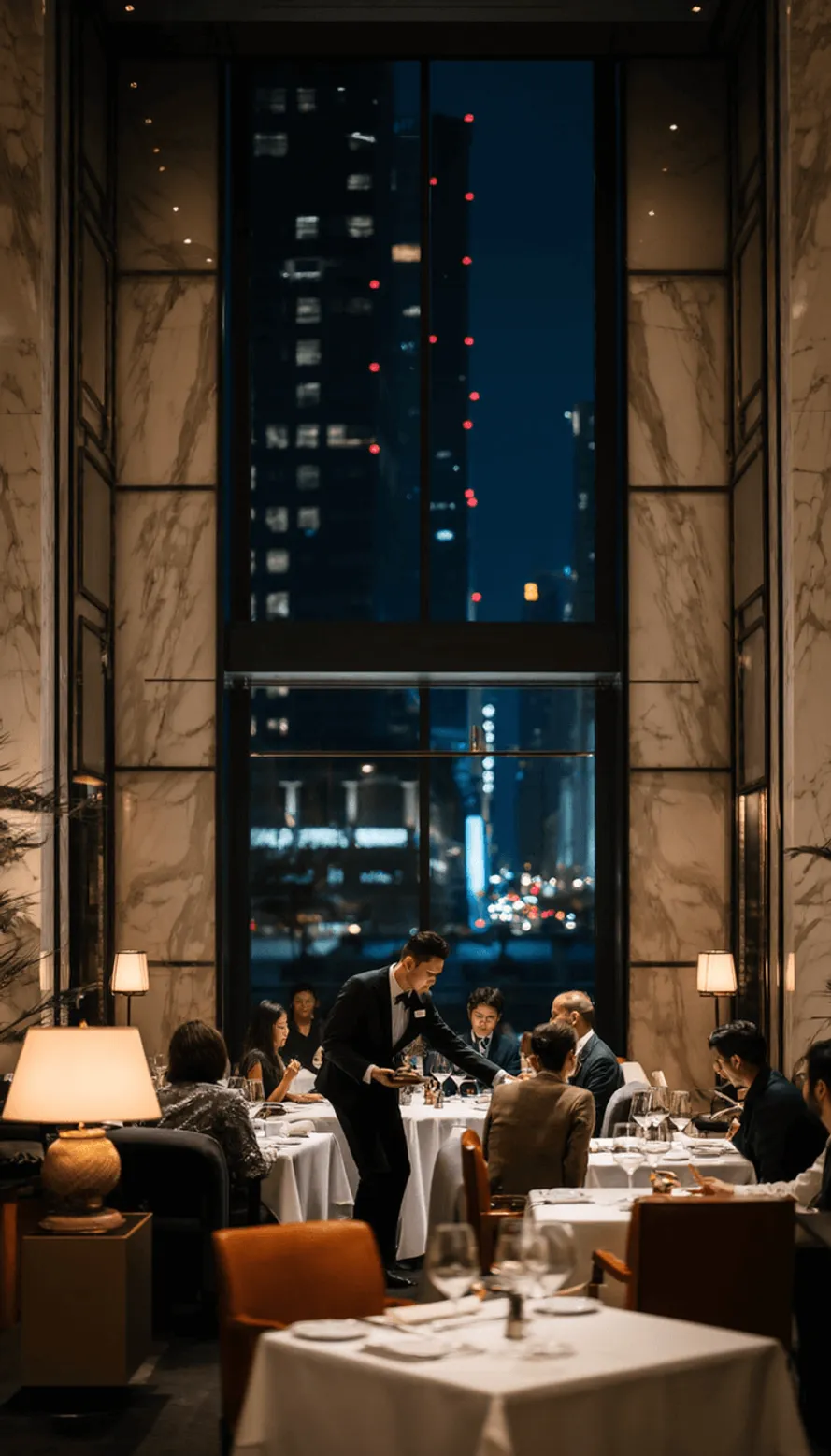 Luxury restaurant dining room with evening city lights