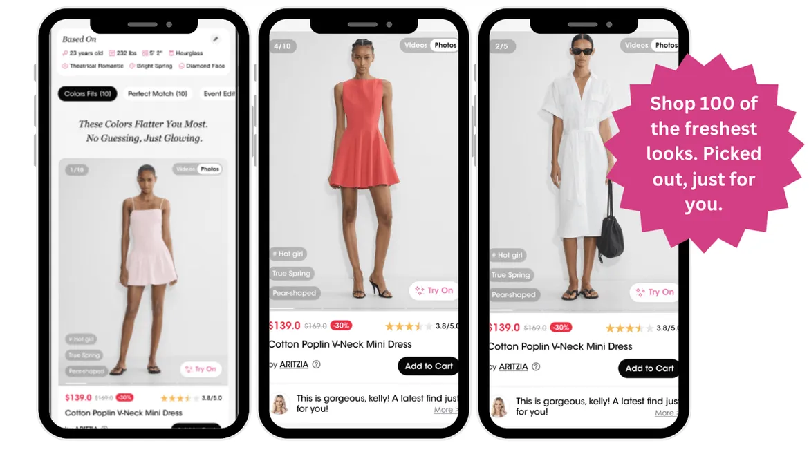 AI-selected mini dresses in flattering colors for different body types