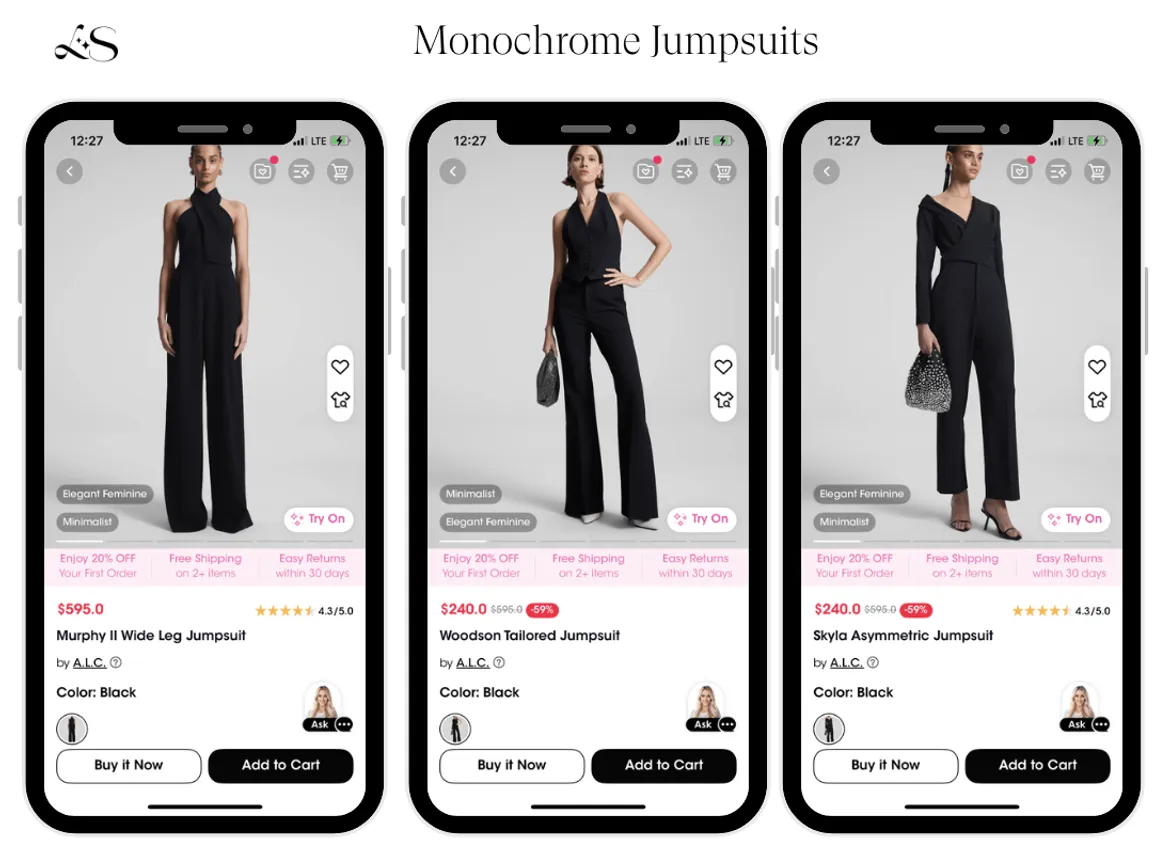 Black monochrome jumpsuits with tailored fits